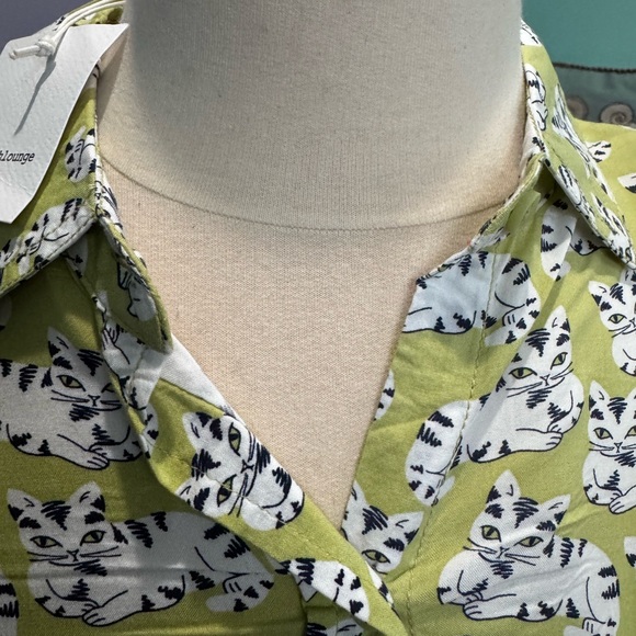 beachlunchlounge Tops - Adorable Lime Green Cat Pattern Button Up Blouse
